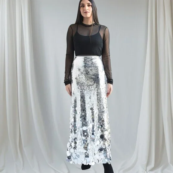 Women Midi Skirt Full Sequin Silver Size 2XL Tall Lined Decorated Mid Rise - Picture 2 of 14